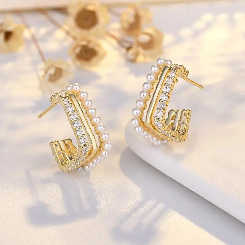 Vintage Pearl & Gemstone Encrusted Gold Hoop Earrings-Mialla Jewelry