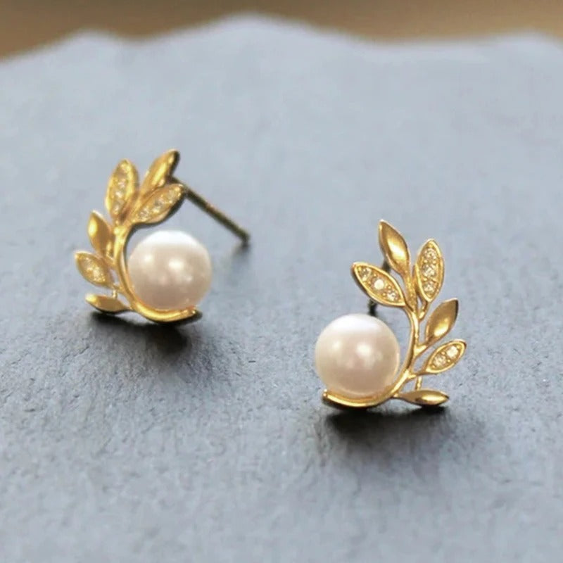 Pearl & Gold Leaf Stud Earrings-Mialla Jewelry