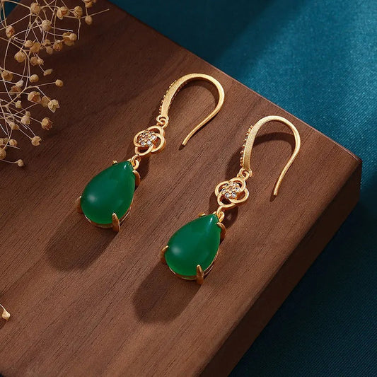 Classic Gold & Natural Green Chalcedony Earrings-Mialla Jewelry