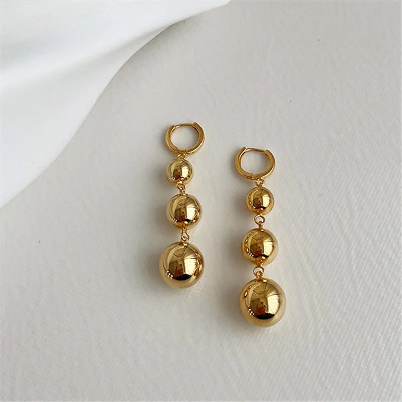 Gold Shiny Triple Ball Dangle Earrings-Mialla Jewelry