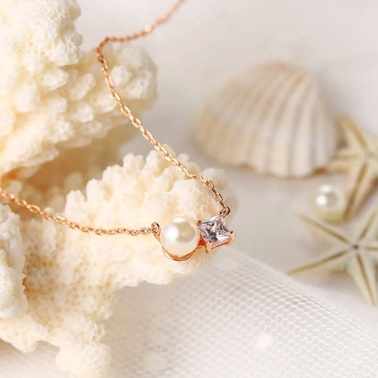 Classic Rose Gold Pearl & Sparkling Gem Necklace-Mialla Jewelry