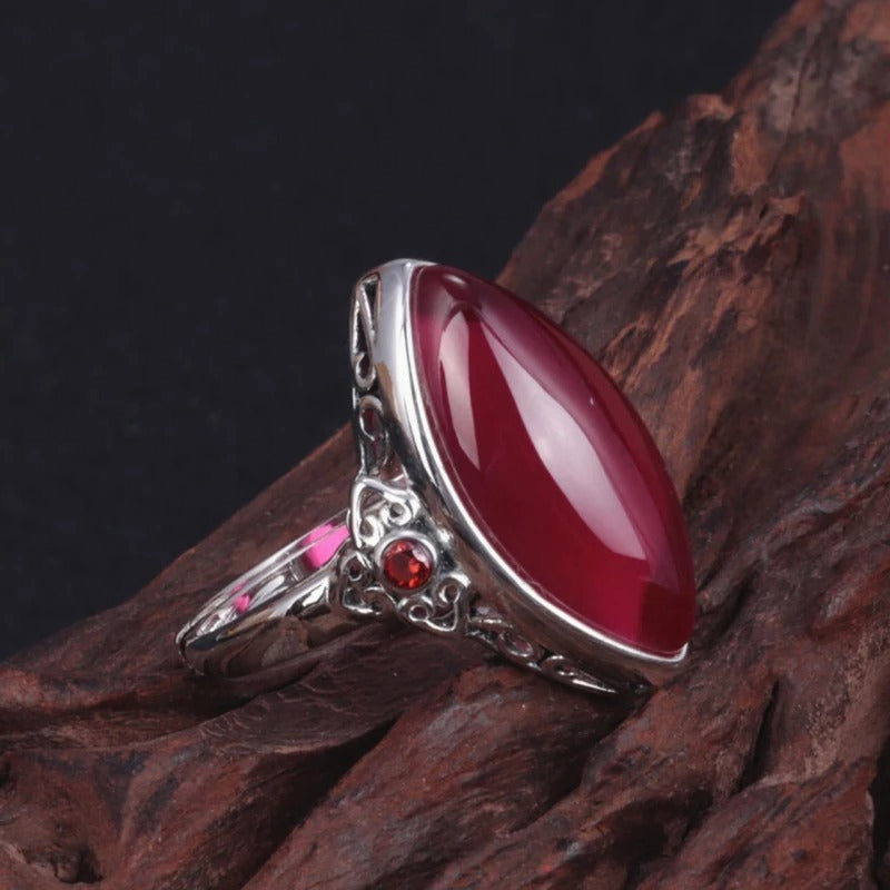 Classic Silver Marquise Red Stone Adjustable Ring-Mialla Jewelry