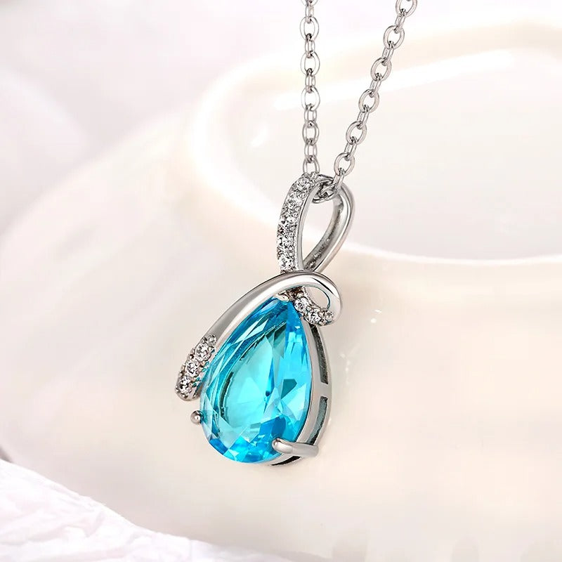 Vintage Silver Teardrop Aqua Necklace-Mialla Jewelry