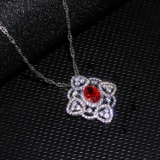 Retro Red Crystal & Intricate Silver Square Necklace-Mialla Jewelry