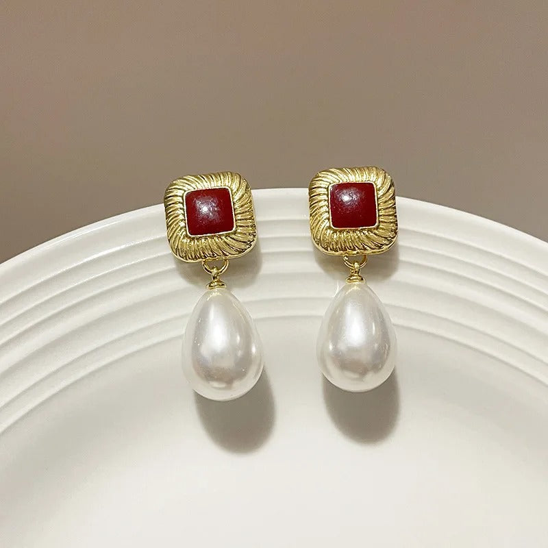 Vintage Gold Square Red Stone & Pearl Dangle Earrings-Mialla Jewelry