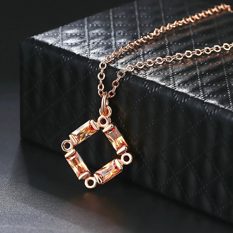 Classic Rose Gold Crystal Square Charm Necklace-Mialla Jewelry