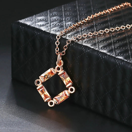 Classic Rose Gold Crystal Square Charm Necklace-Mialla Jewelry