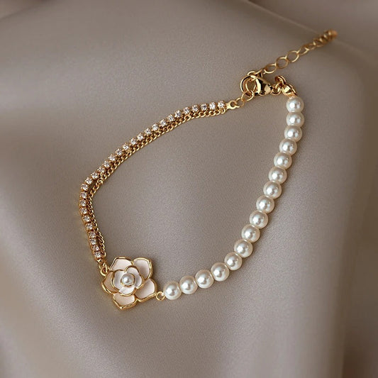 Vintage Pearl & Gold Floral Bracelet-Mialla Jewelry