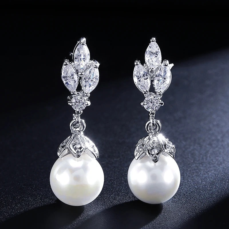 Vintage Silver Floral Pearl Drop Earrings-Mialla Jewelry