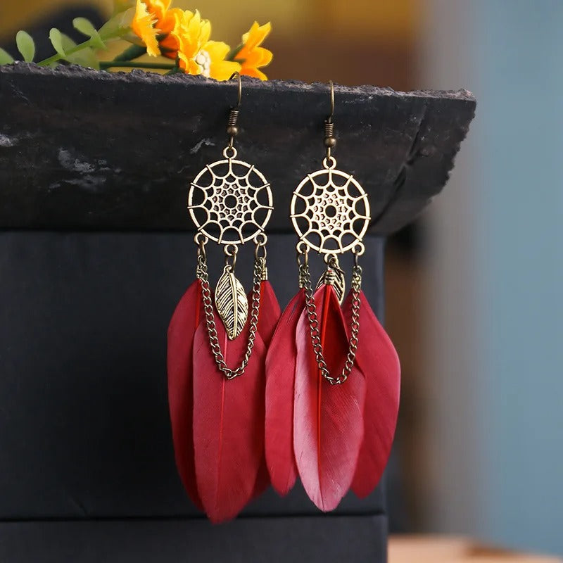 Vintage Dreamcatcher & Red Feather Dangle Earrings-Mialla Jewelry