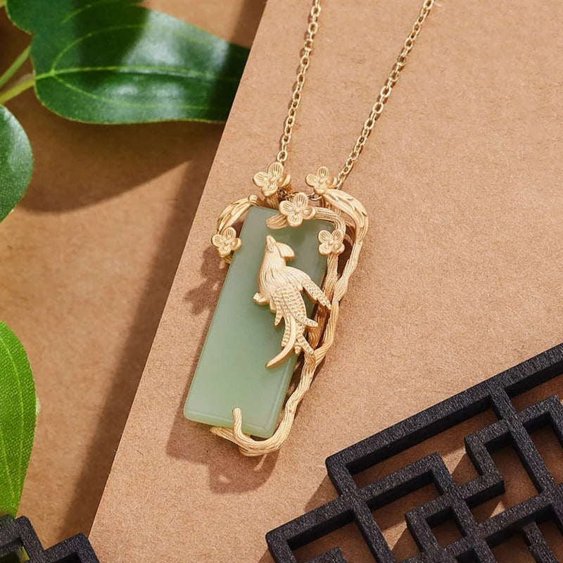 Gold Bird Green Gem & Magpie Flower Branch Pendant Necklace-Mialla Jewelry