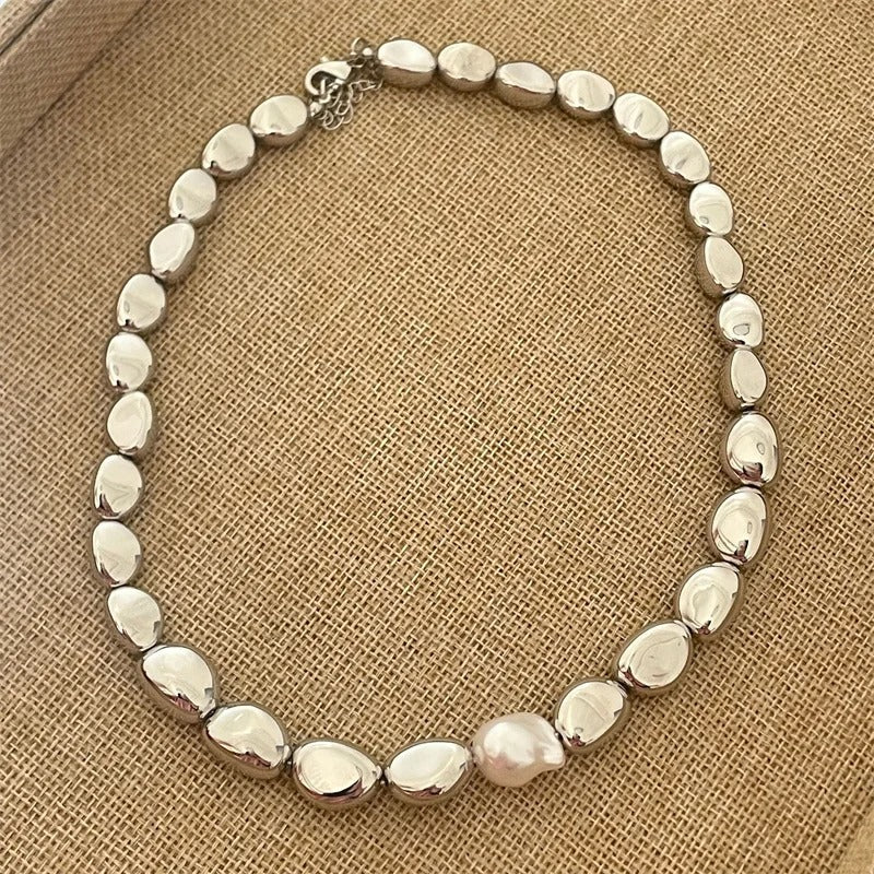 Retro Silver Teardrop Shaped Pearl & Bead Necklace-Mialla Jewelry