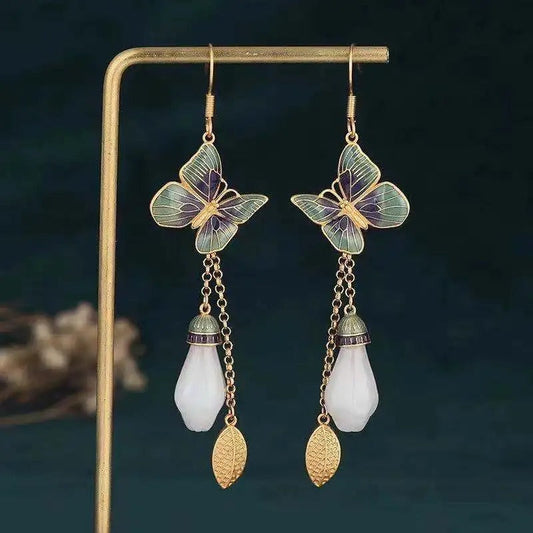 Vintage Gold & Green Butterfly Pearl Drop Earrings-Mialla Jewelry