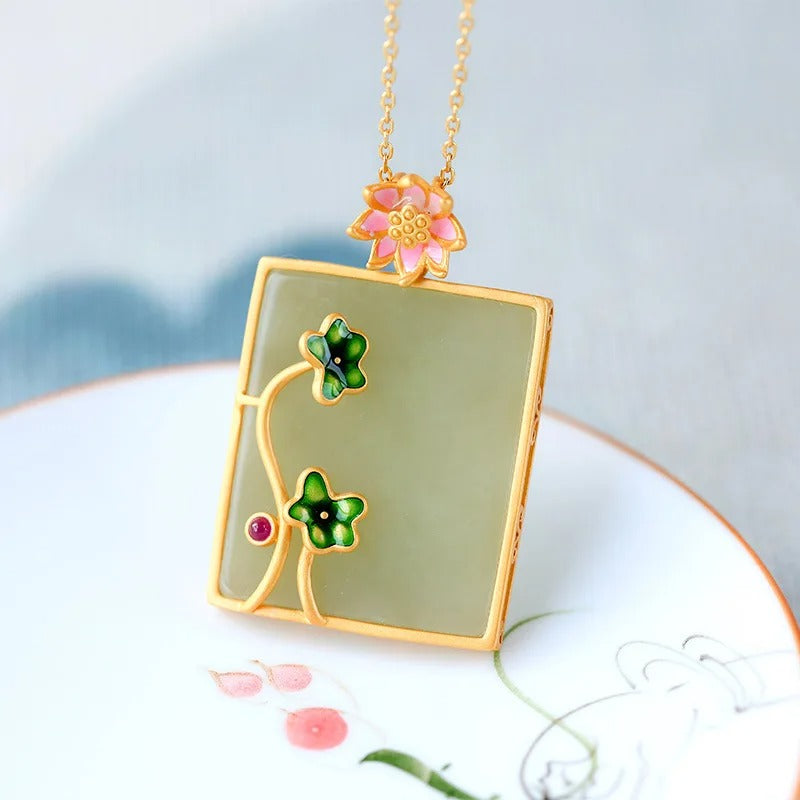 Vintage Green Blossom Gold Framed Leaf Necklace-Mialla Jewelry