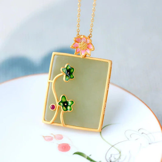 Vintage Green Blossom Gold Framed Leaf Necklace-Mialla Jewelry