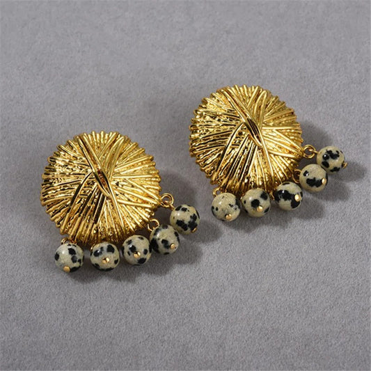 Retro Gold Dalmatian Stone Dangle Earrings-Mialla Jewelry