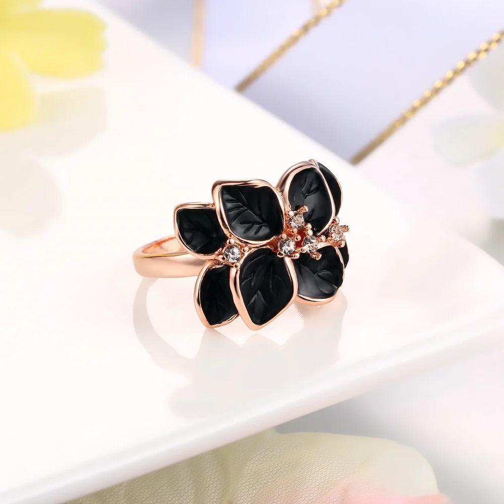 Timeless Rose Gold Black Floral Ring-Mialla Jewelry