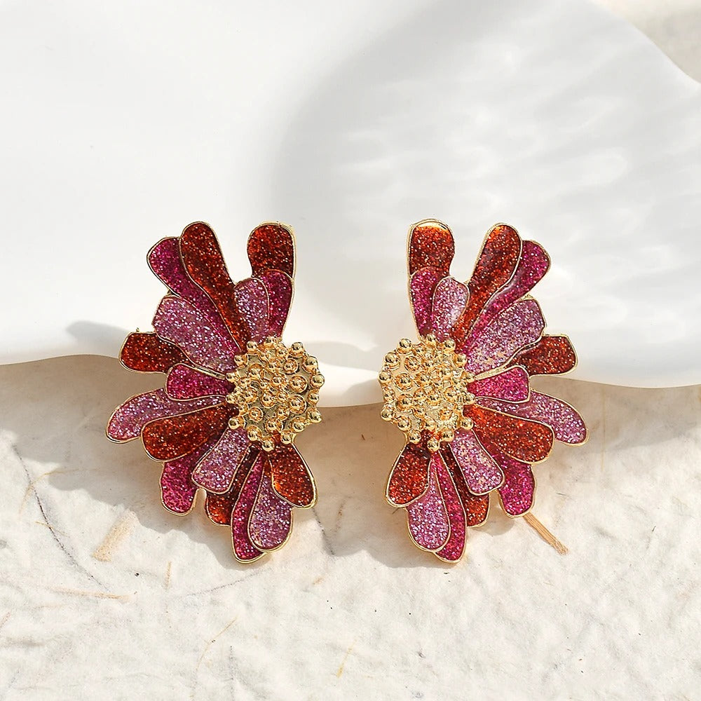 Vintage Pink & Red Glitter Flower Gold Earrings-Mialla Jewelry