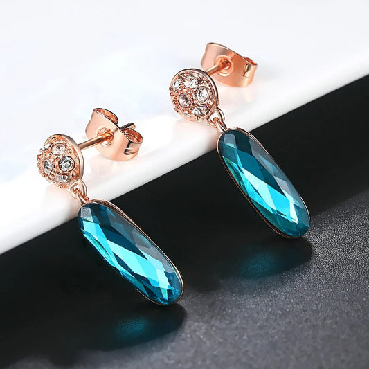 Vintage Rose Gold Teal Crystal Charm Drop Earrings-Mialla Jewelry