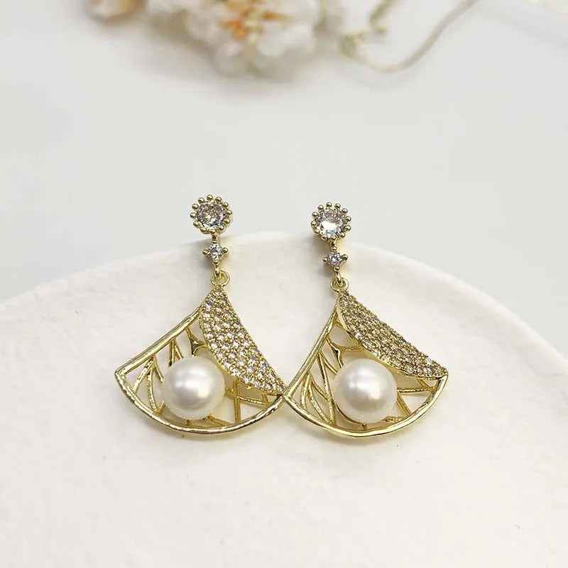 Gold Pearl & Crystal Dangle Earrings-Mialla Jewelry