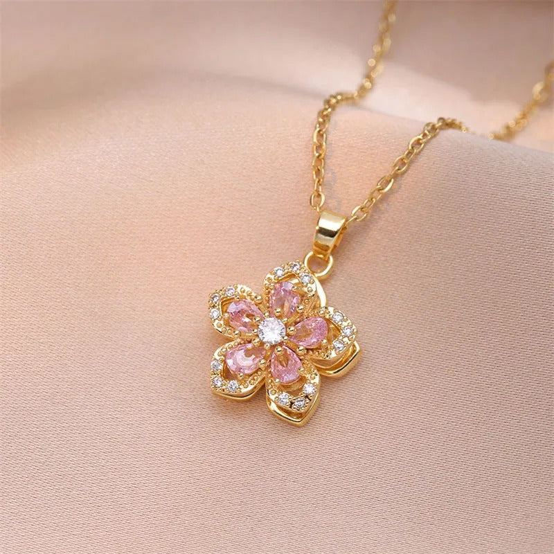 Gold Pink Crystal Flower Necklace-Mialla Jewelry