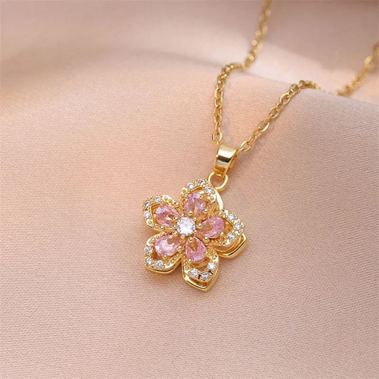 Gold Pink Crystal Flower Necklace-Mialla Jewelry