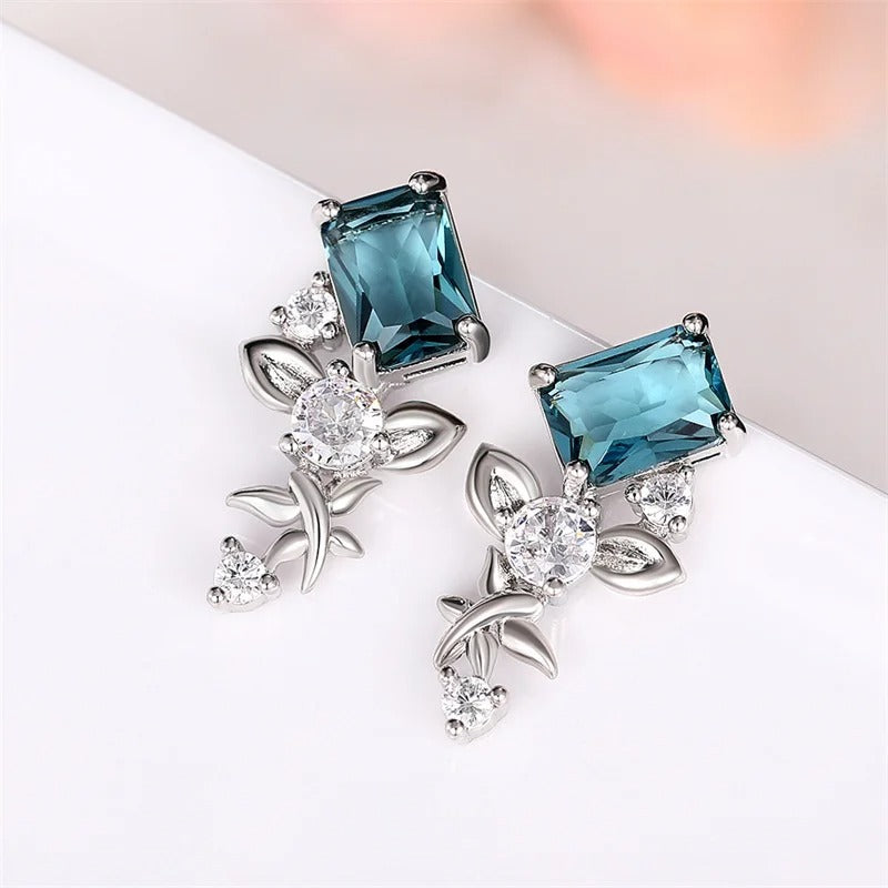Silver Rectangle Blue Stone Earrings-Mialla Jewelry
