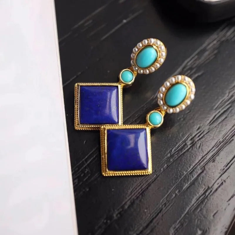 Retro Gold & Lapis Square Blue Gemstone Dangle Earrings-Mialla Jewelry