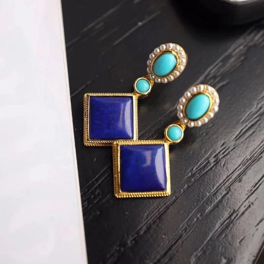 Retro Gold & Lapis Square Blue Gemstone Dangle Earrings-Mialla Jewelry