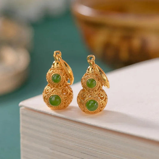 Vintage Gold & Green Gemstone Gourd Drop Earrings-Mialla Jewelry