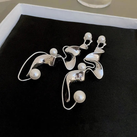 Vintage Pearl Abstract Silver Earrings-Mialla Jewelry