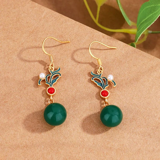 Retro Gold & Green Pearl Red Bead Drop Earrings-Mialla Jewelry