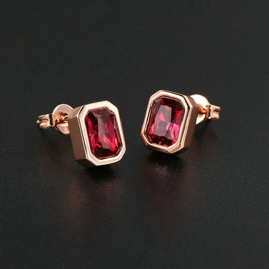 Vintage Rose Gold Deep Red Crystal Stud Earrings-Mialla Jewelry