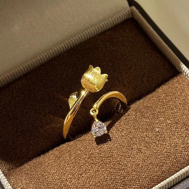 Classic Gold & Lily-Shaped Diamond Accent Adjustable Ring-Mialla Jewelry