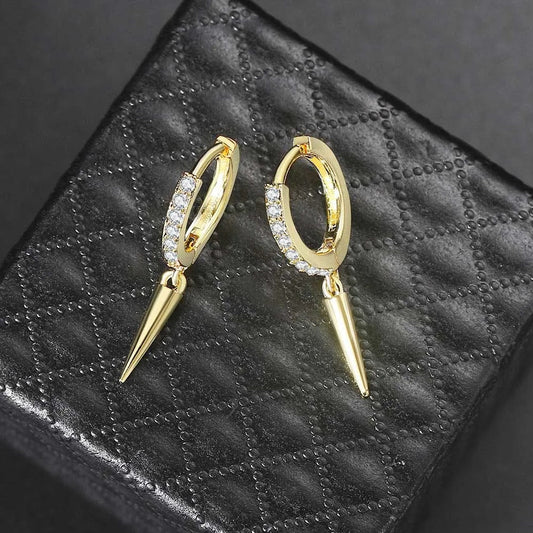 Gold Sparkling Crystal & Spike Design Drop Earrings-Mialla Jewelry