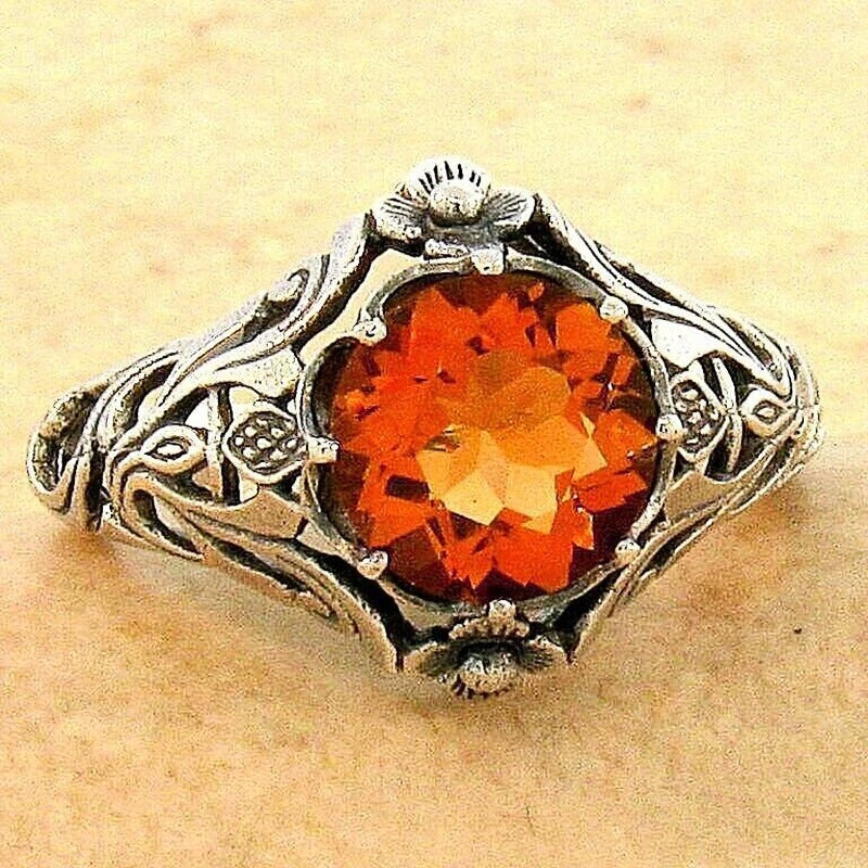 Vintage Orange Crystal Silver Ring-Mialla Jewelry