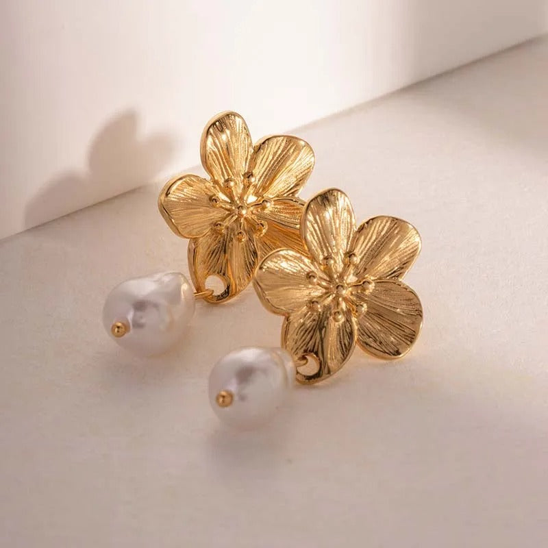 Gold Plated Flower Pearlescent Drop Earrings-Mialla Jewelry