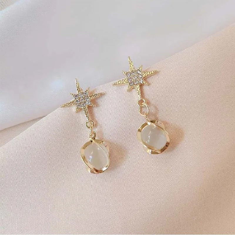 Gold Star & Stone Drop Earrings-Mialla Jewelry