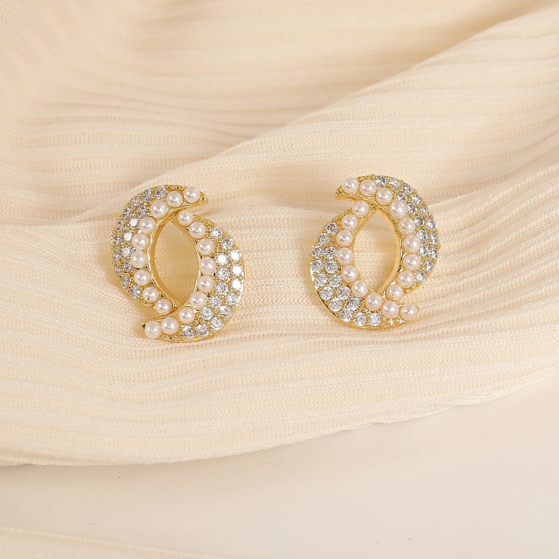 Vintage Double Moon Pearl & Gold Earrings-Mialla Jewelry