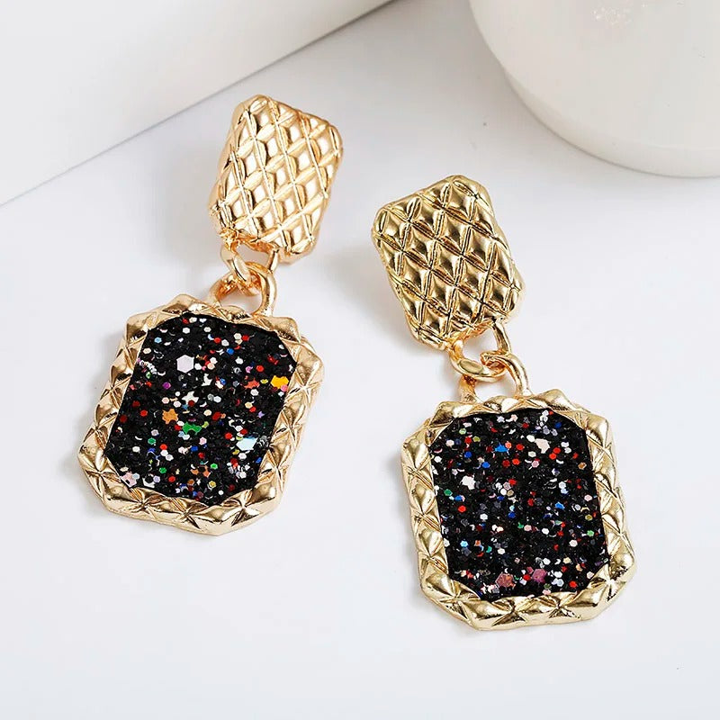 Vintage Gold Black Sparkle Earrings-Mialla Jewelry