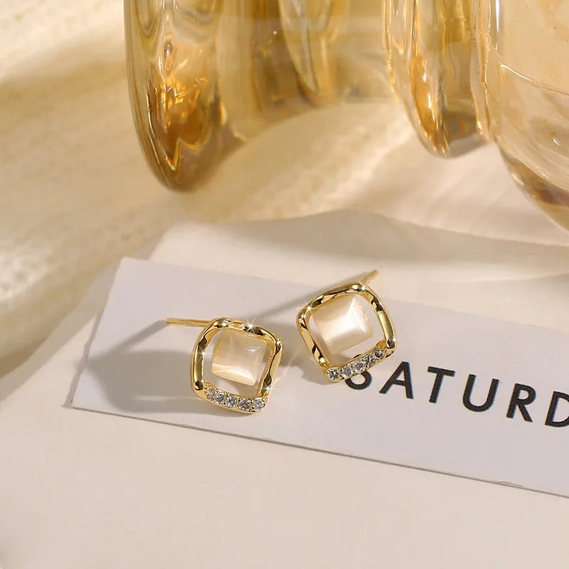 Vintage Gold Square Pearl Opal Earrings-Mialla Jewelry