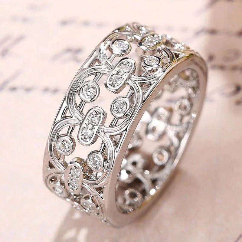 Silver Crystal Inlay Lace Pattern Ring-USA Jewellery
