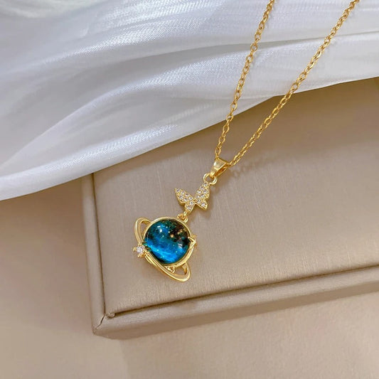 Vintage Gold Planet & Butterfly Pendant Necklace-Mialla Jewelry