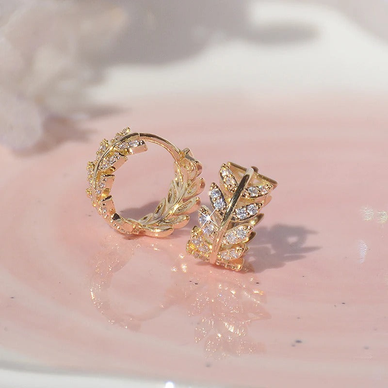 Gold & Shiny Crystal Leaf Hoop Earrings-Mialla Jewelry