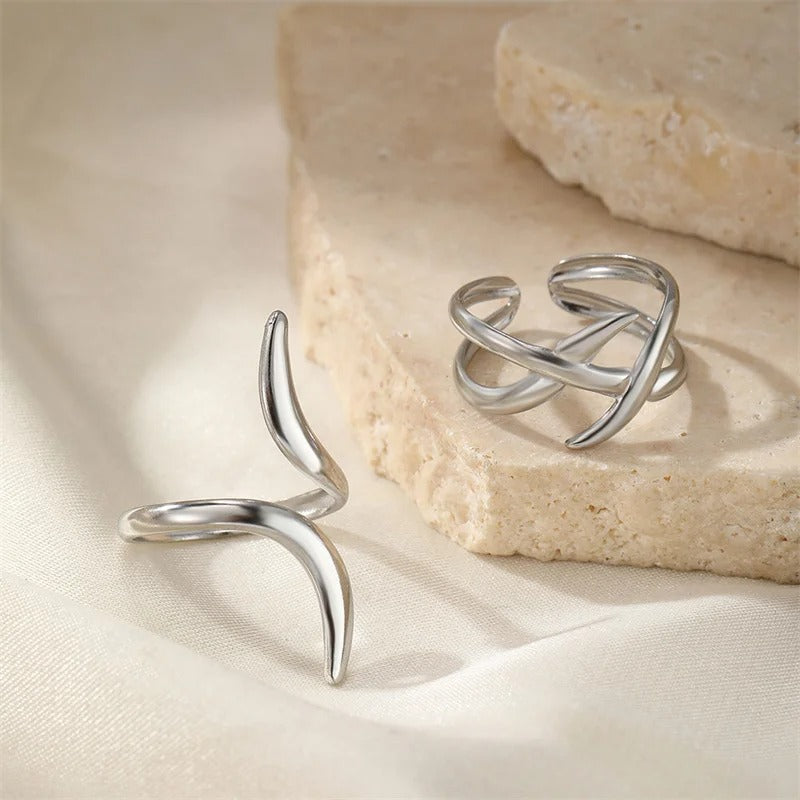 Vintage Silver Twist Sculpted Curved Design Adjustable Ring Set-Mialla Jewelry