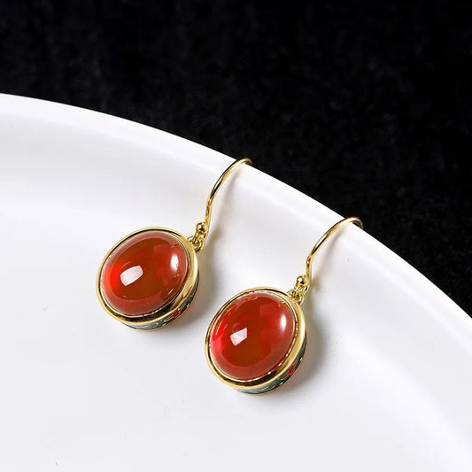 Vintage Gold & Red Oval Gemstone Ruby Drop Earrings-Mialla Jewelry