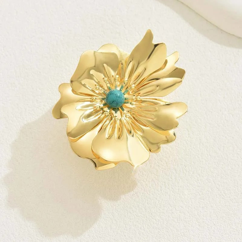 Gold Flower Central Turquoise Gem Adjustable Ring-Mialla Jewelry
