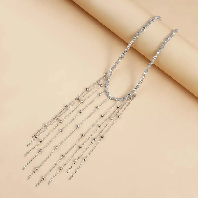 Silver Fringe & Beaded Chain Drops Necklace-Mialla Jewelry