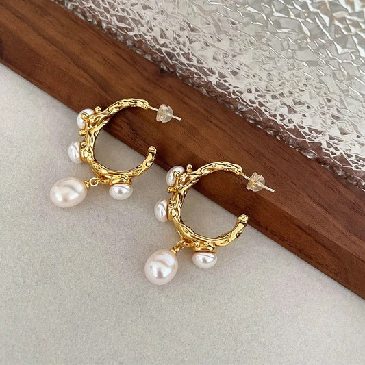 Antique Style Gold Hoop Freshwater Pearl Charm Earrings-Mialla Jewelry