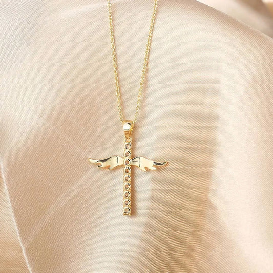 Gold Angelic Winged Cross Pendant Necklace-USA Jewellery